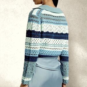 Jonathan Simkhai Roxana Macrame Multi  Blue Striped Crochet Sweater Top V-neck S